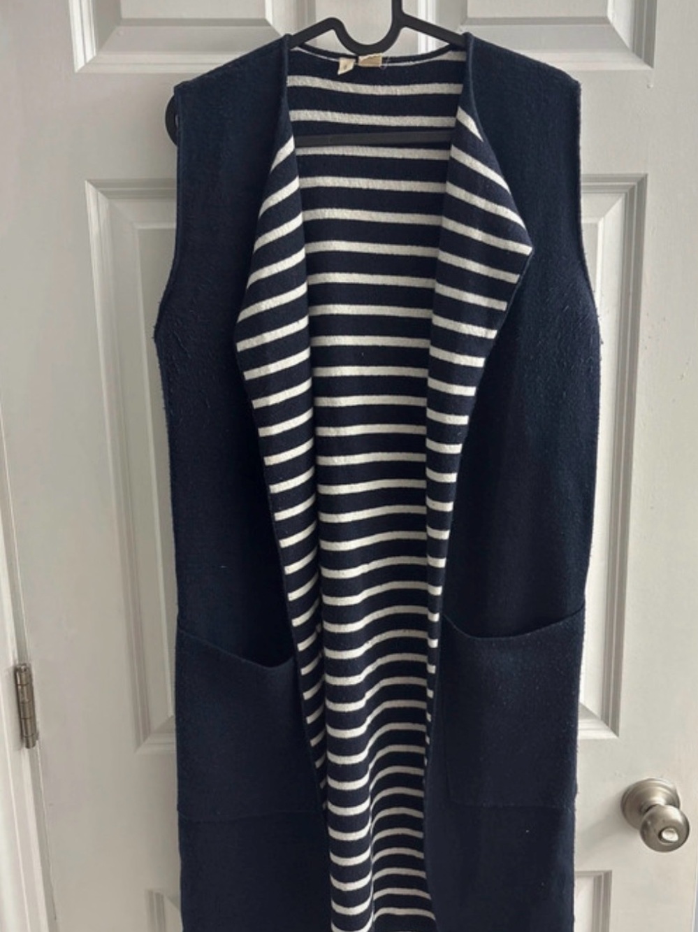 Moth Navy & White Striped Open-Front Long Vest